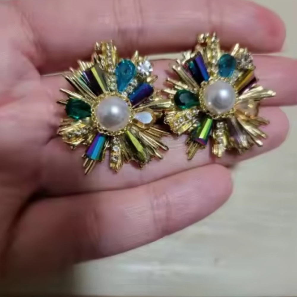 Anthropologie Gold Earrings with Multicolor Gems - Picture 3 of 5